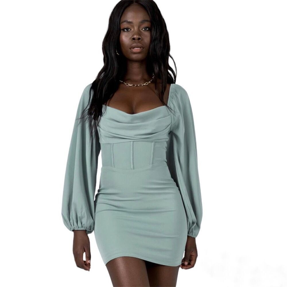 Princess Polly Lillie Dress NEW Size 8 Sage Tight Mini Dress Peasant Sleeves Zip